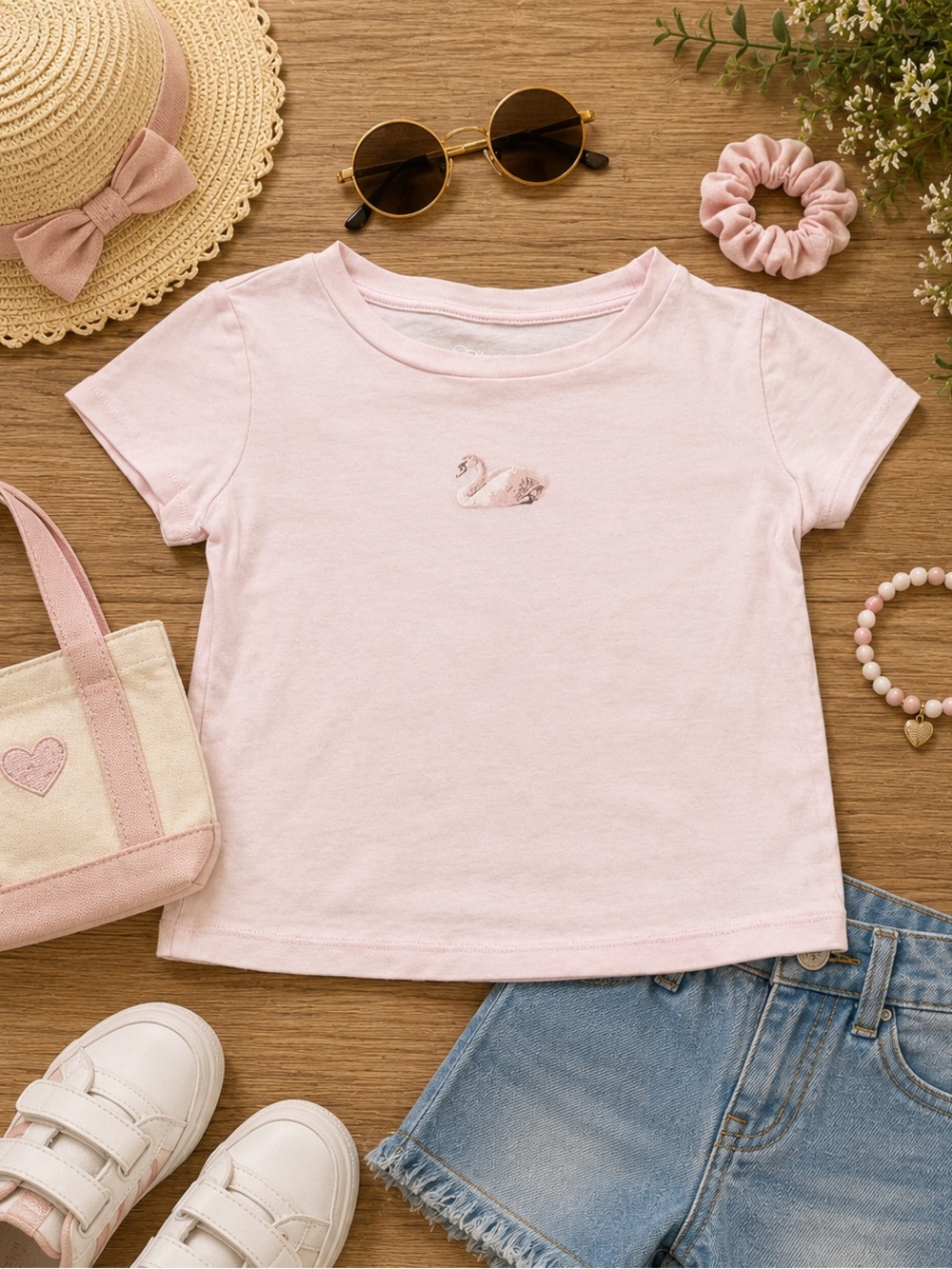 Art Class Girls Pink Swan Embroidered Short Sleeve Tee Shirt